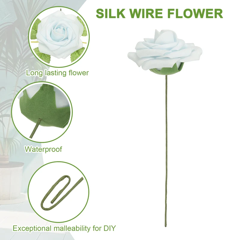 50Pcs 3.15" Fake Roses with Stems Artificial Flowers Wedding Decor, Powder Blue