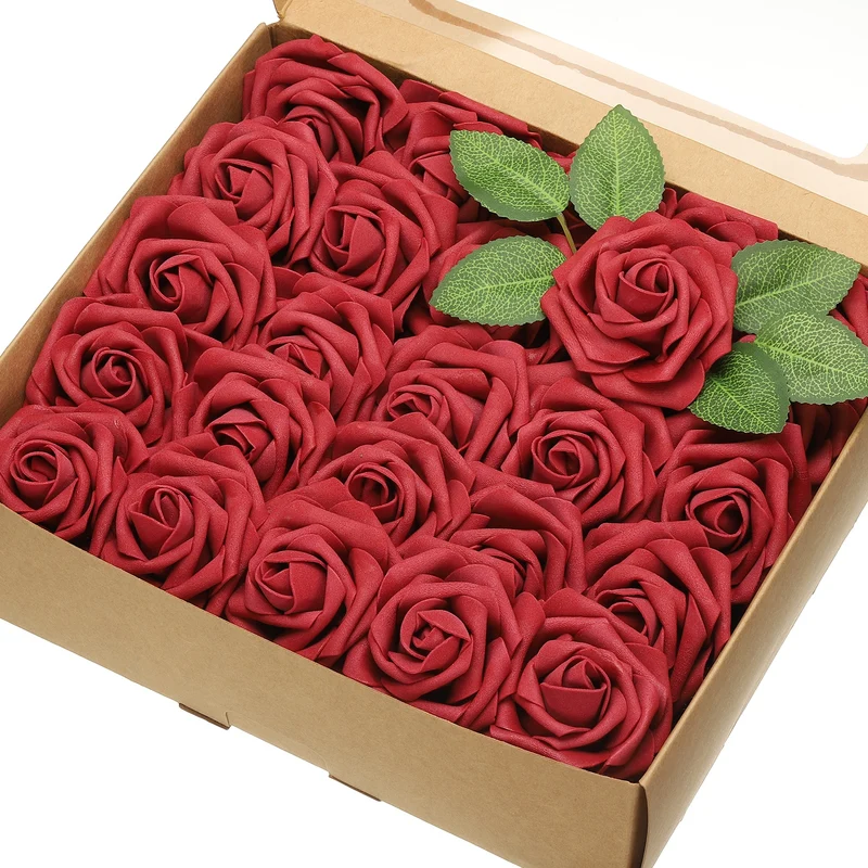50Pcs 3.15 Inch Fake Roses with Stems Artificial Flowers Wedding Decor, Red
