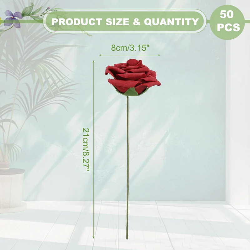 50Pcs 3.15 Inch Fake Roses with Stems Artificial Flowers Wedding Decor, Red