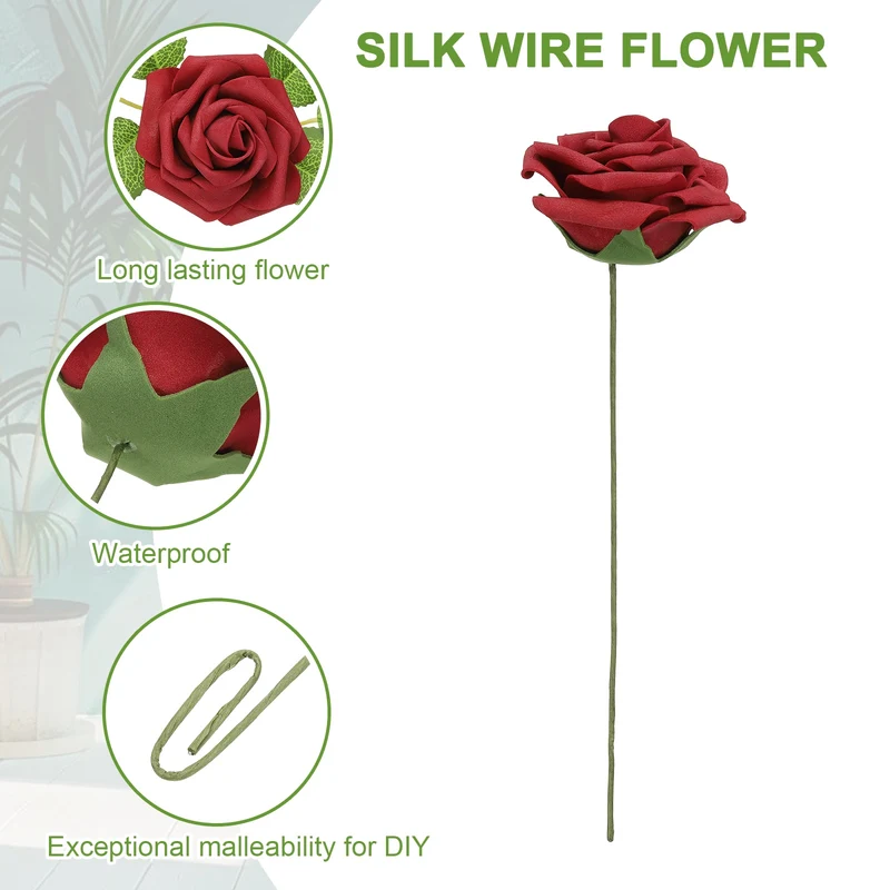 50Pcs 3.15 Inch Fake Roses with Stems Artificial Flowers Wedding Decor, Red