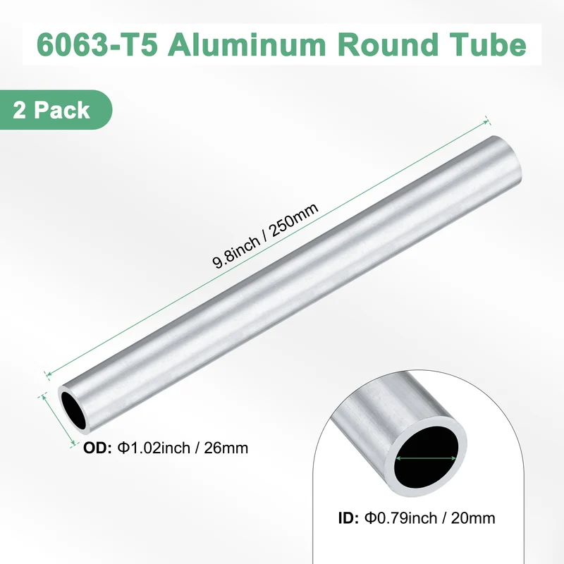 2-Pack 6063 Aluminum Round Tube, 20mmx26mm(IDxOD) 250mm Length Straight Tubing