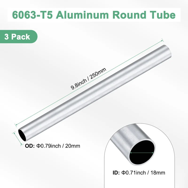 3-Pack 6063 Aluminum Round Tube, 18mmx20mm(IDxOD) 250mm Length Straight Tubing