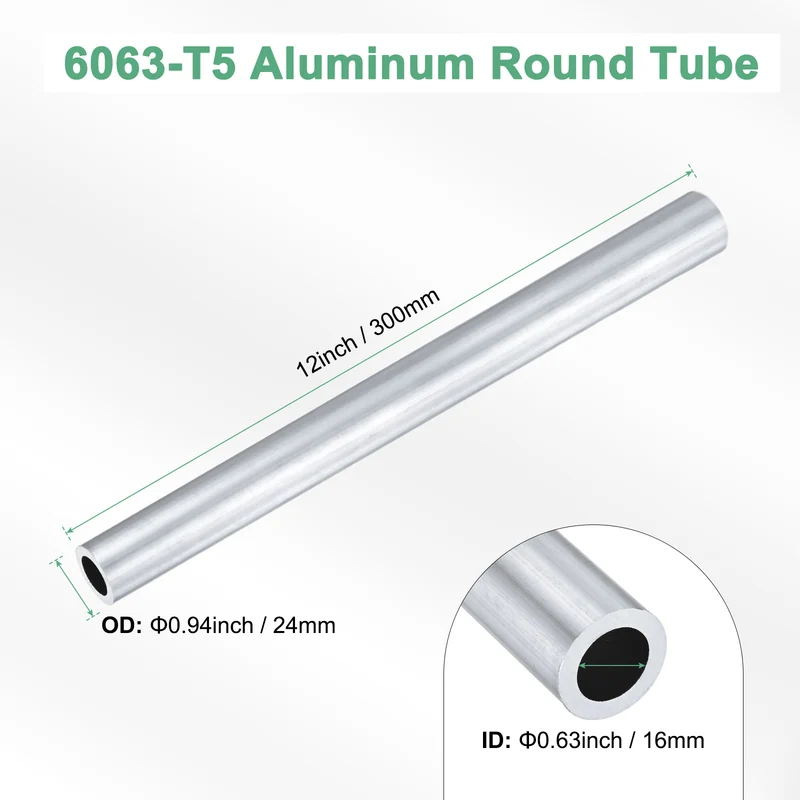 1-Pack 6063 Aluminum Round Tube, 16mmx24mm(IDxOD) 300mm Length Straight Tubing