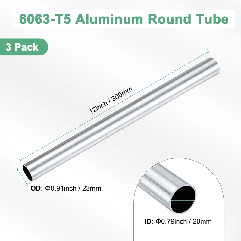3-Pack 6063 Aluminum Round Tube, 20mmx23mm(IDxOD) 300mm Length Straight Tubing