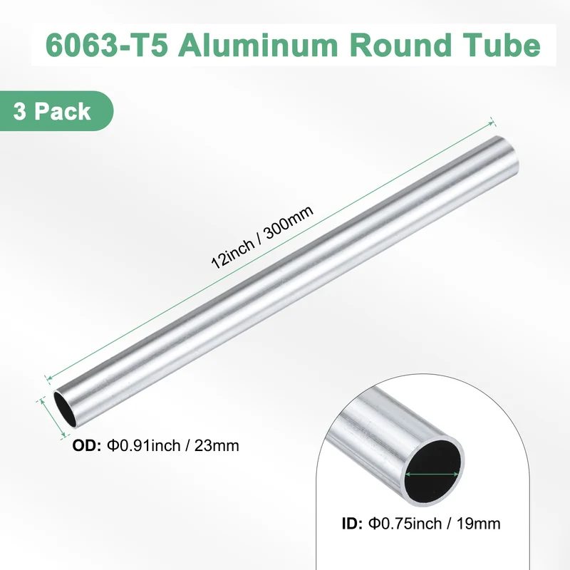3-Pack 6063 Aluminum Round Tube, 19mmx23mm(IDxOD) 300mm Length Straight Tubing
