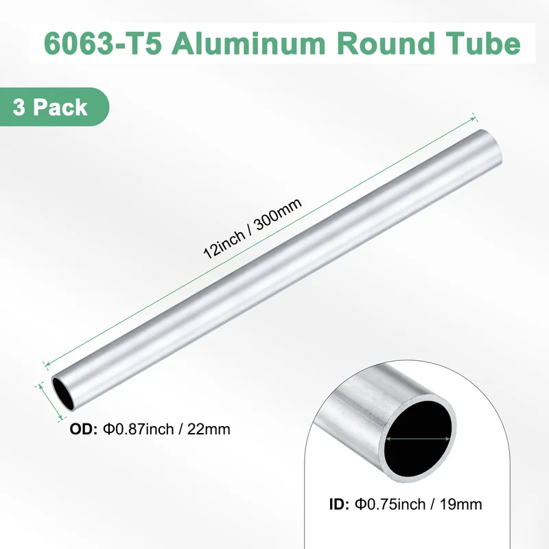 3-Pack 6063 Aluminum Round Tube, 19mmx22mm(IDxOD) 300mm Length Straight Tubing