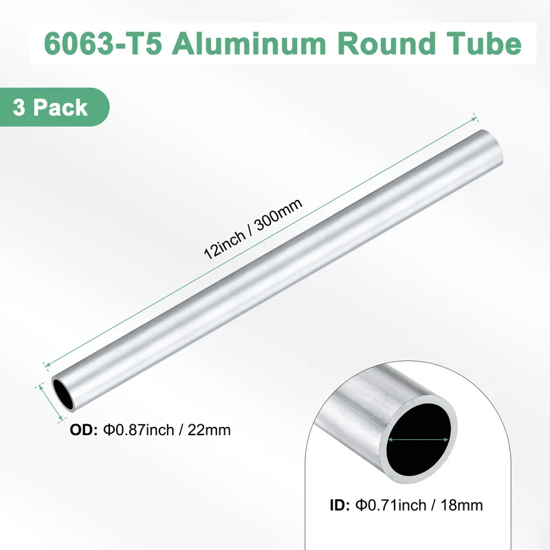 3-Pack 6063 Aluminum Round Tube, 18mmx22mm(IDxOD) 300mm Length Straight Tubing