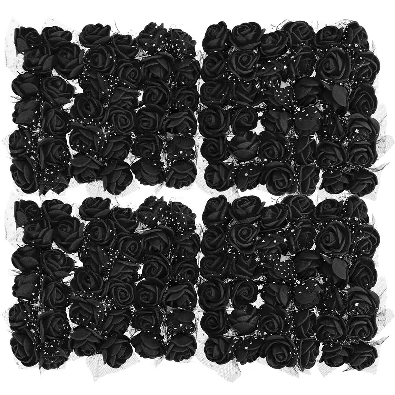 144Pcs Artificial Rose Flower Heads Black Mini Faux Flowers 0.8 Inch-1 Inch