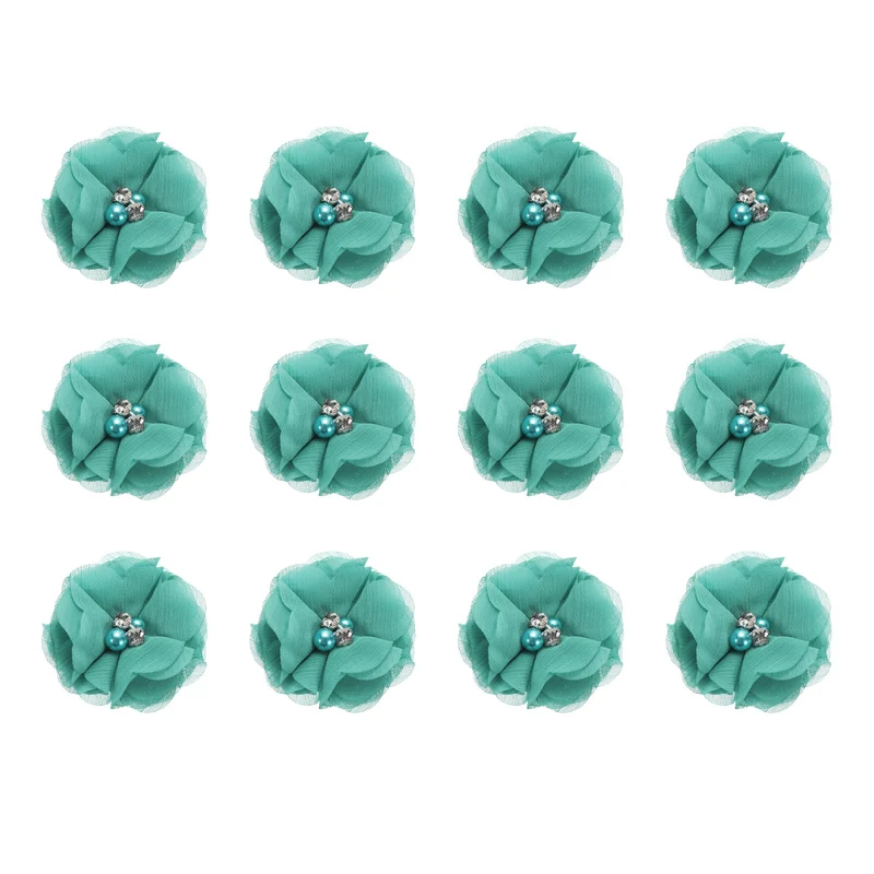 Artificial Rhinestone Chiffon Flower Heads, Blue Faux Flowers 2 Inch 12Pcs