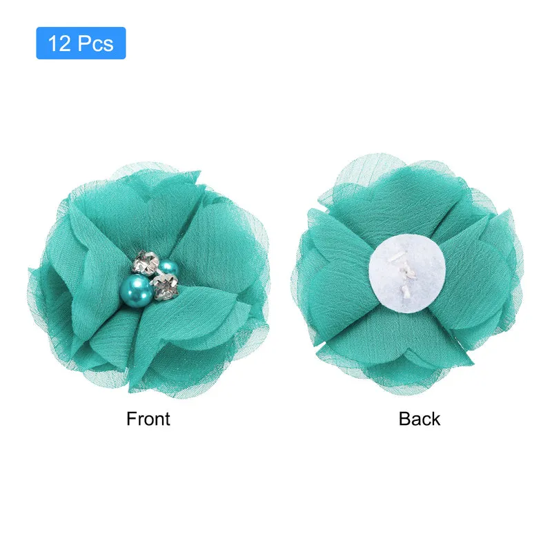 Artificial Rhinestone Chiffon Flower Heads, Blue Faux Flowers 2 Inch 12Pcs
