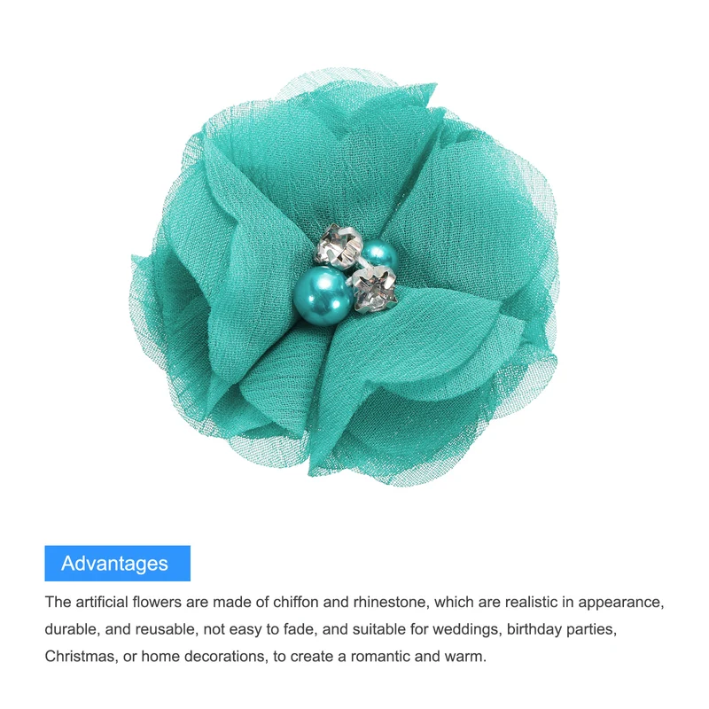 Artificial Rhinestone Chiffon Flower Heads, Blue Faux Flowers 2 Inch 12Pcs