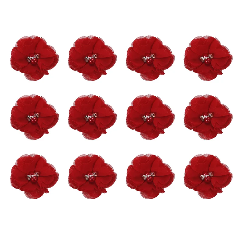 Artificial Rhinestone Chiffon Flower Heads, Dark Red Fake Flowers 2 Inch 12Pcs