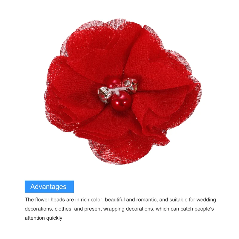 Artificial Rhinestone Chiffon Flower Heads, Dark Red Fake Flowers 2 Inch 12Pcs