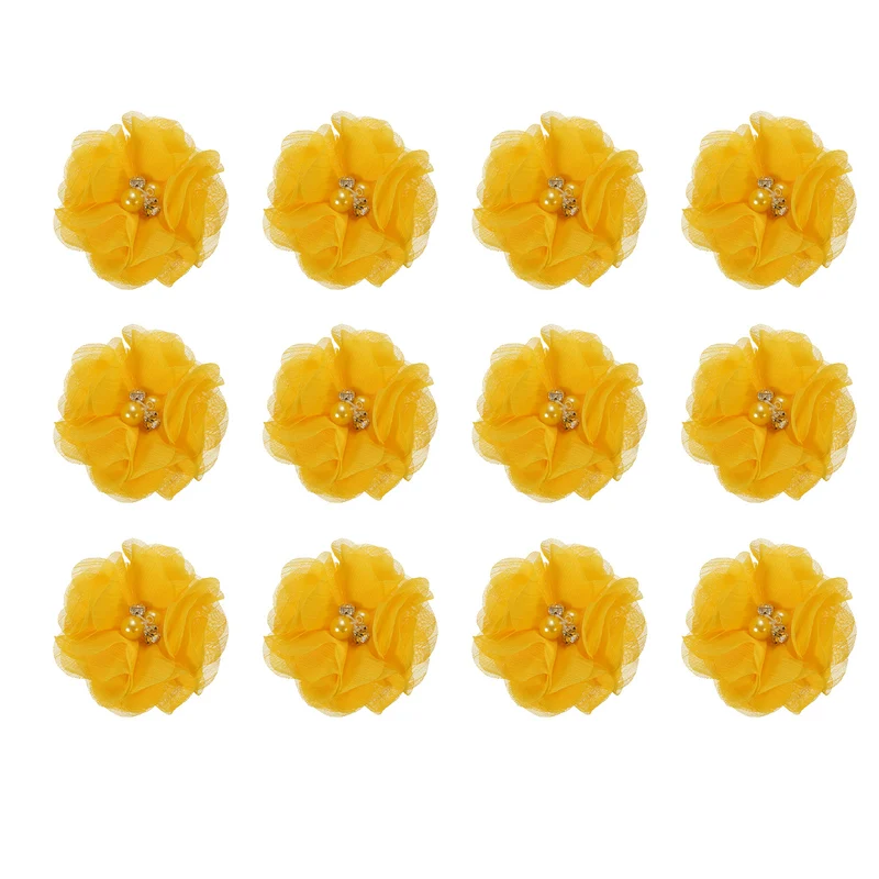 12Pcs Artificial Rhinestone Chiffon Flower Heads Gold Yellow Flowers 2 Inch