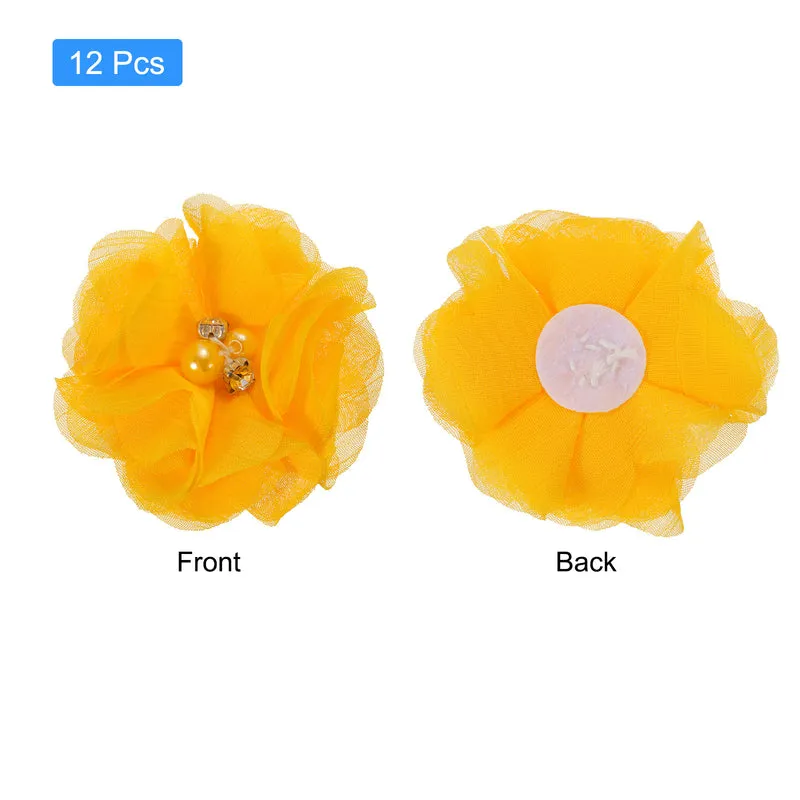 12Pcs Artificial Rhinestone Chiffon Flower Heads Gold Yellow Flowers 2 Inch