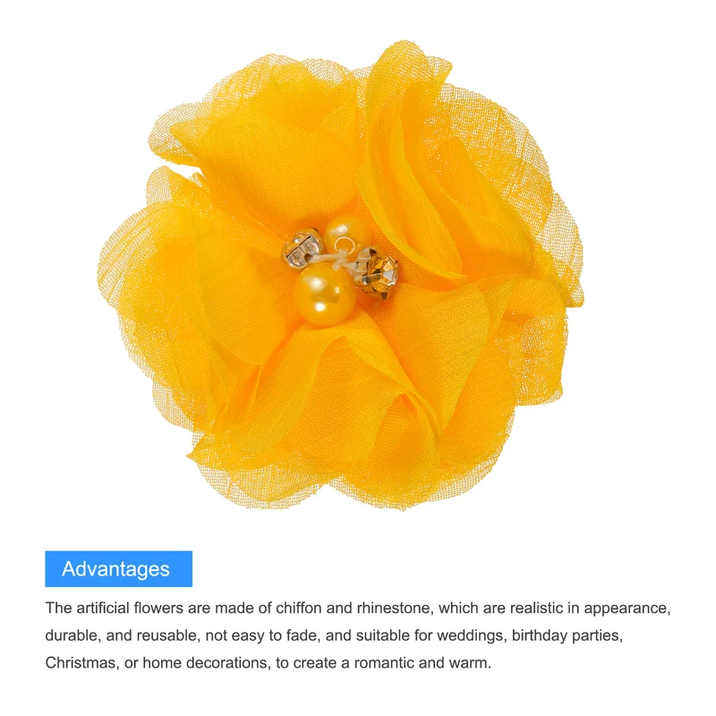 12Pcs Artificial Rhinestone Chiffon Flower Heads Gold Yellow Flowers 2 Inch