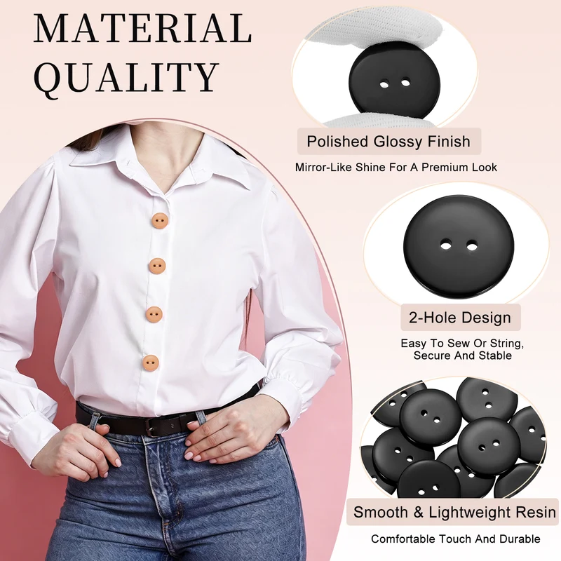 16 Pcs 25mm Resin Sewing Buttons, 2 Hole for Sewing Coats Shirts, Black