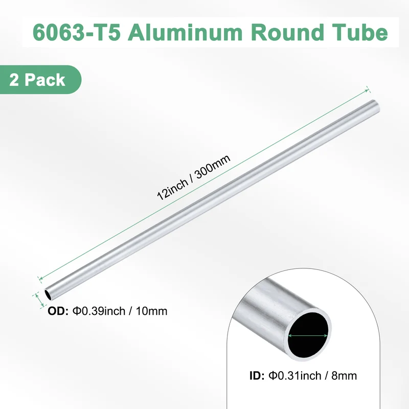 2-Pack 6063 Aluminum Round Tube, 8mmx10mm(IDxOD) 300mm Length Straight Tubing