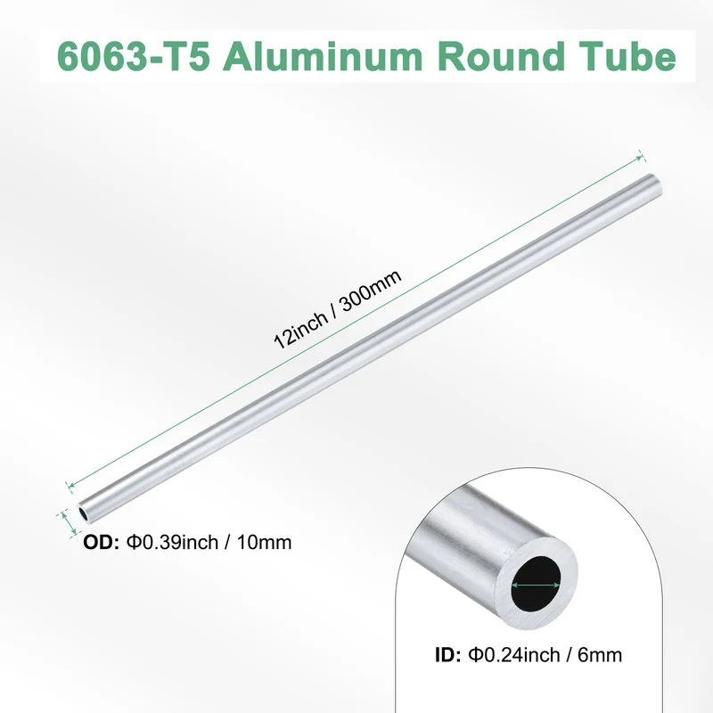 1-Pack 6063 Aluminum Round Tube, 6mmx10mm(IDxOD) 300mm Length Straight Tubing