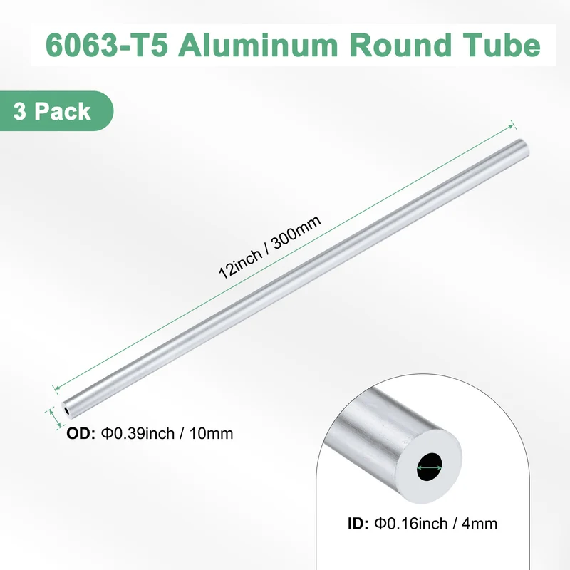 3-Pack 6063 Aluminum Round Tube, 4mmx10mm(IDxOD) 300mm Length Straight Tubing