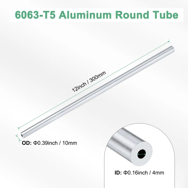 1-Pack 6063 Aluminum Round Tube, 4mmx10mm(IDxOD) 300mm Length Straight Tubing
