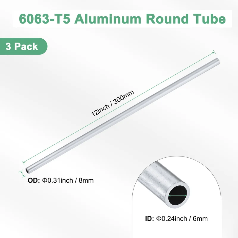 3-Pack 6063 Aluminum Round Tube, 6mmx8mm(IDxOD) 300mm Length Straight Tubing