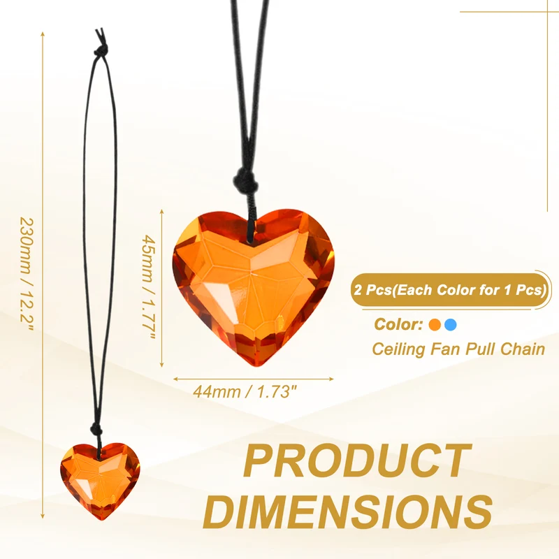 2 Pcs Heart Crystal Ceiling Fan Pull Chain Extender 12 Inch, Amber/Medium Blue