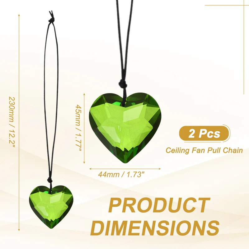 2 Pcs Heart Crystal Ceiling Fan Pull Chain Extender 12 Inch, Grass Green