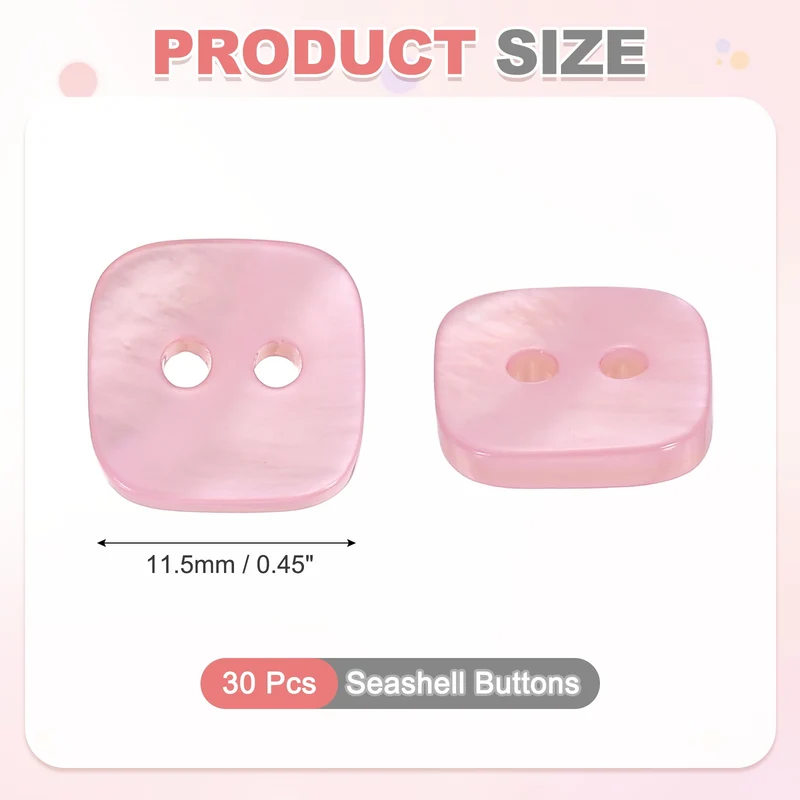 30 Pcs Square Mother of Pearl Buttons 2 Holes 11.5mm for Sewing Crafts Pink
