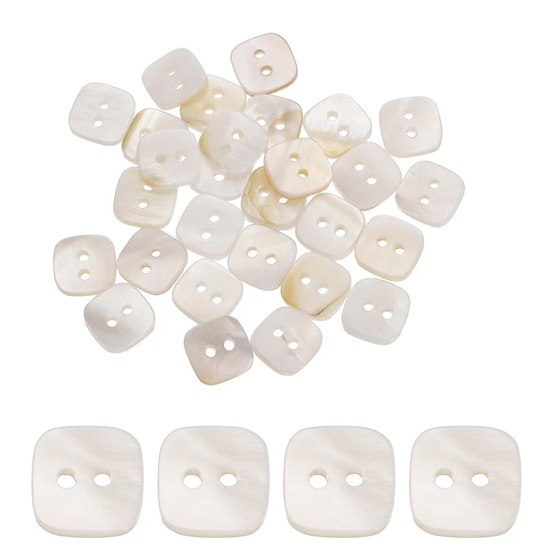 30 Pcs Square Mother of Pearl Buttons 2 Holes 11.5mm for Sewing Crafts White