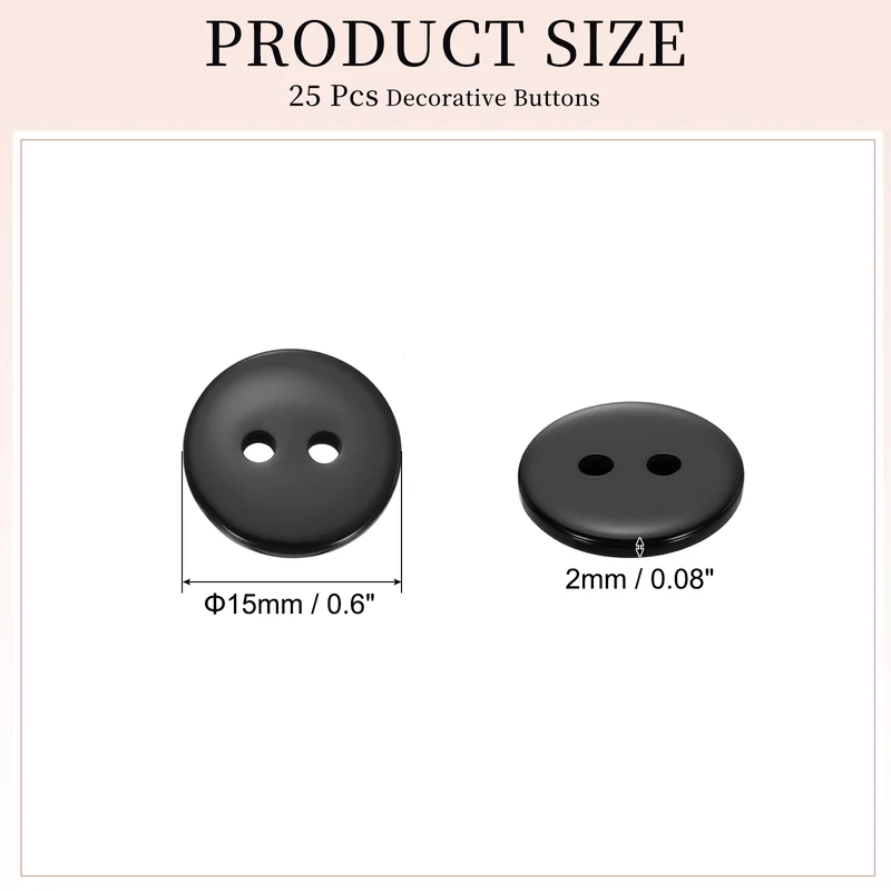 25 Pcs 15mm Resin Sewing Buttons, 2 Hole for Sewing Coats Shirts, Black