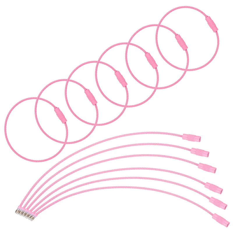 100 Pcs Wire Keychain Cable, 6 Inch Metal Wire Key Ring Loop, Pink