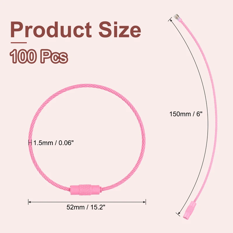 100 Pcs Wire Keychain Cable, 6 Inch Metal Wire Key Ring Loop, Pink