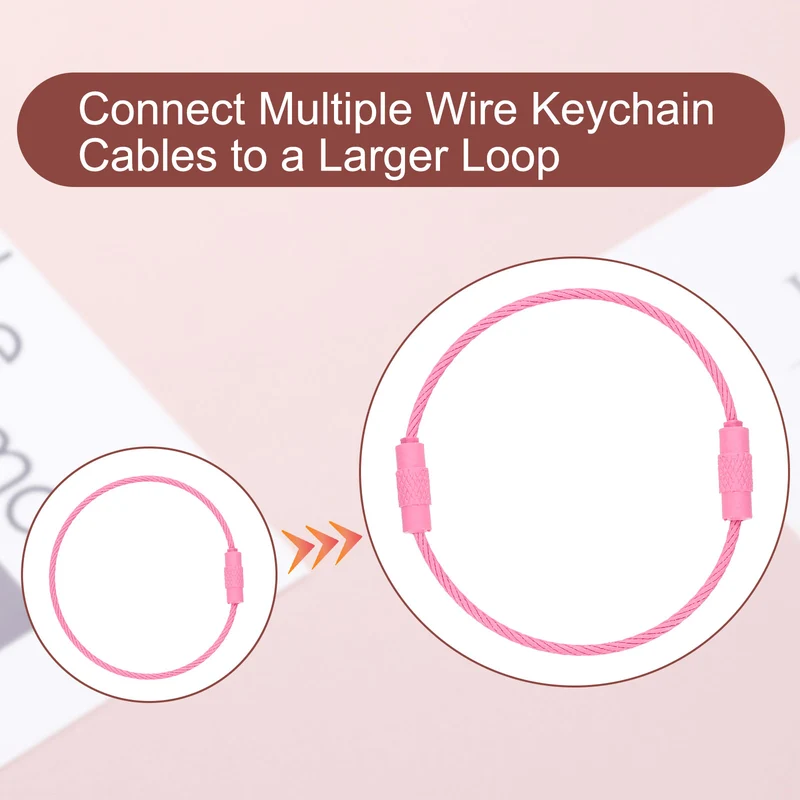100 Pcs Wire Keychain Cable, 6 Inch Metal Wire Key Ring Loop, Pink