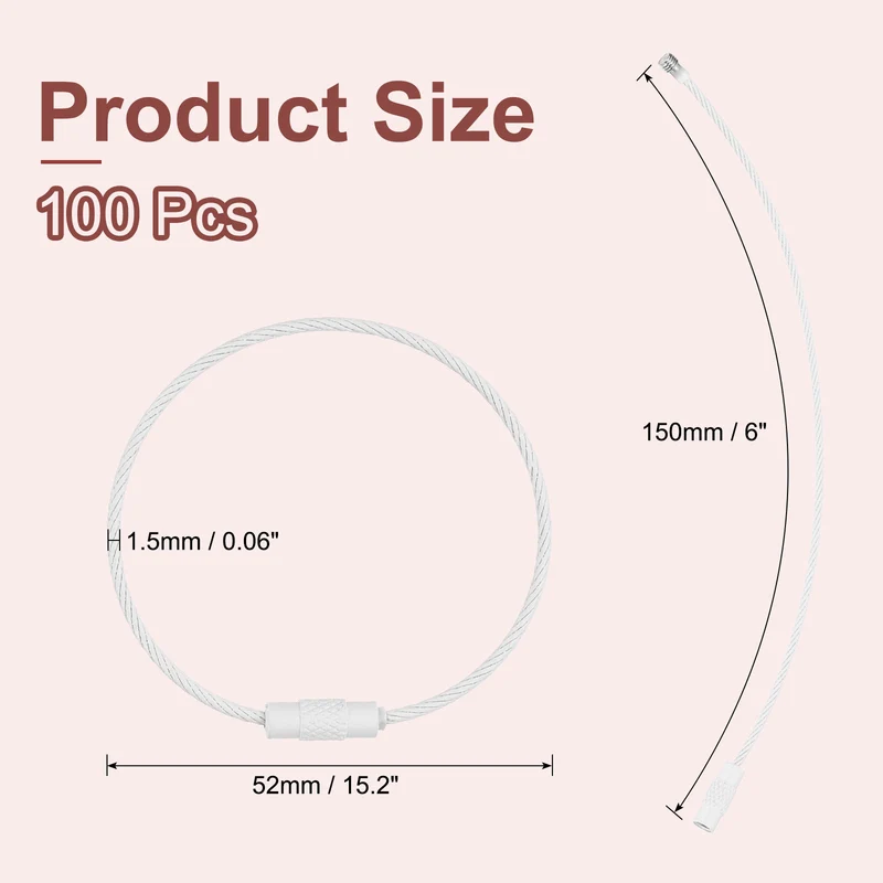 100Pcs Wire Keychain Cable 6 Inch Metal Wire Key Ring Loop White