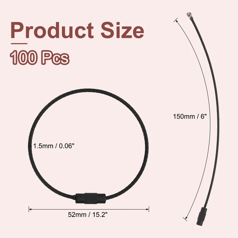 100 Pcs Wire Keychain Cable, 6 Inch Metal Wire Key Ring Loop, Black