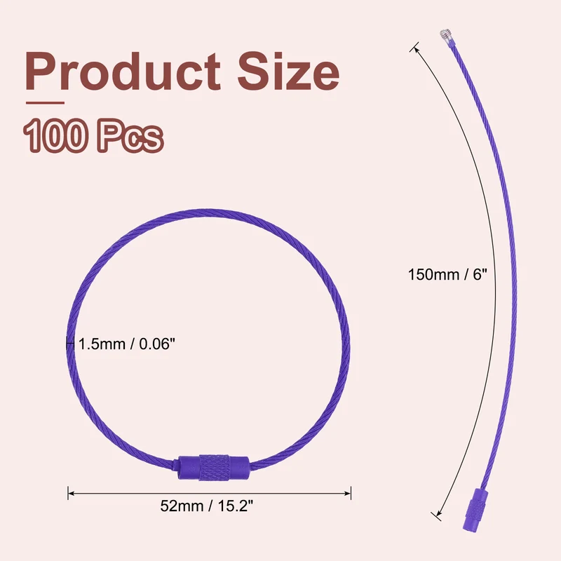 100 Pcs Wire Keychain Cable, 6 Inch Metal Wire Key Ring Loop, Dark Purple