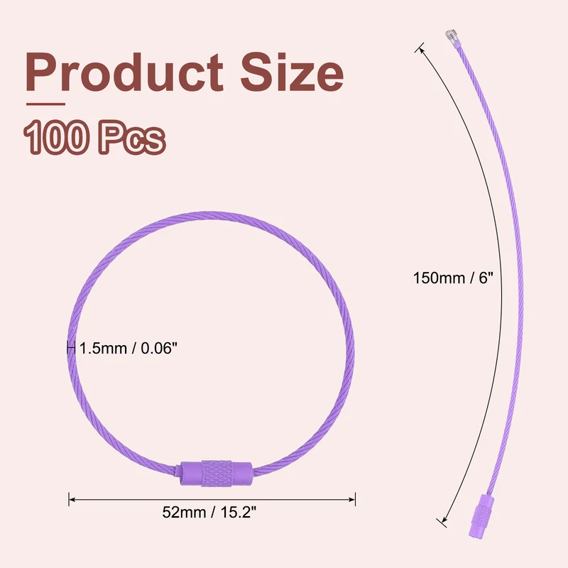 100 Pcs Wire Keychain Cable, 6 Inch Metal Wire Key Ring Loop, Purple