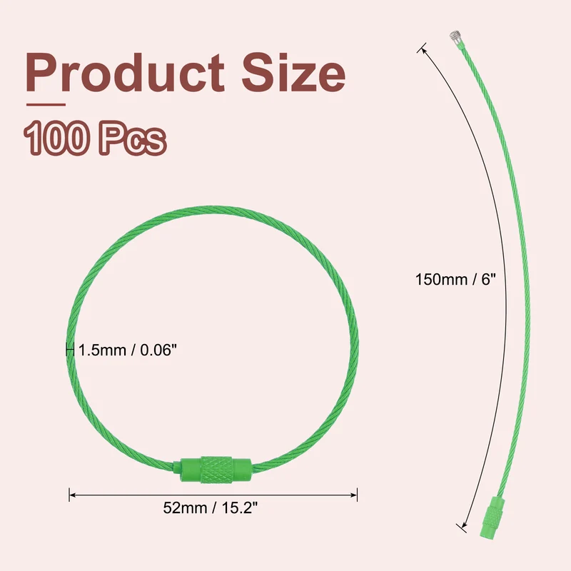 100 Pcs Wire Keychain Cable, 6 Inch Metal Wire Key Ring Loop, Lime Green