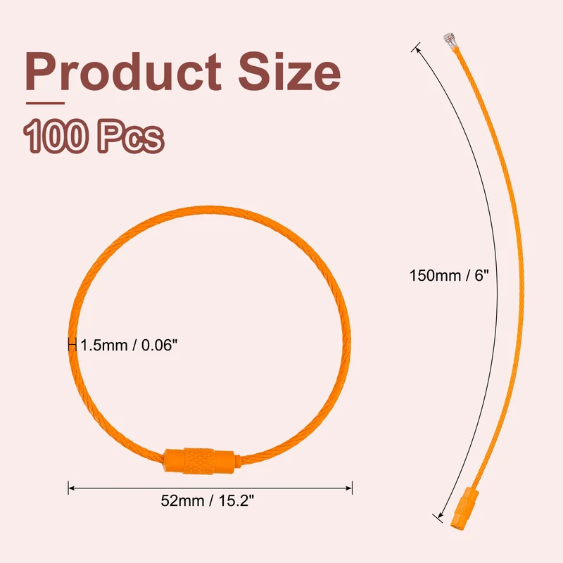 100 Pcs Wire Keychain Cable, 6 Inch Metal Wire Key Ring Loop, Orange