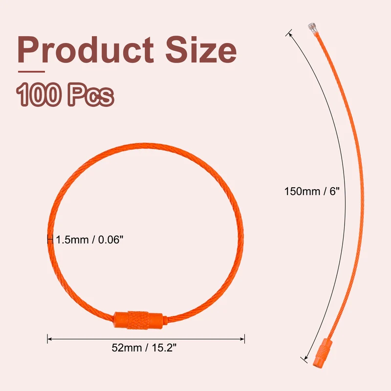 100 Pcs Wire Keychain Cable, 6 Inch Metal Wire Key Ring Loop, Dark Orange