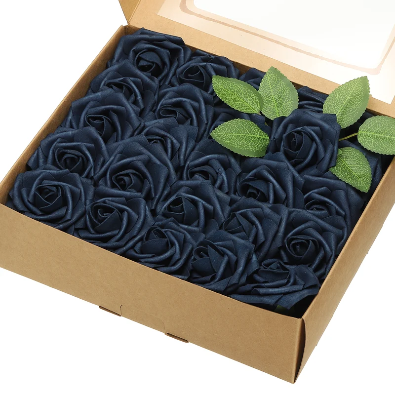 50Pcs 3.15" Fake Roses with Stems Artificial Flowers Wedding Decor, Navy Blue