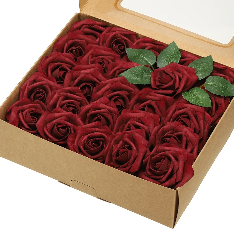 50Pcs 3.15 Inch Fake Roses with Stems Artificial Flowers Wedding Decor, Dark Red