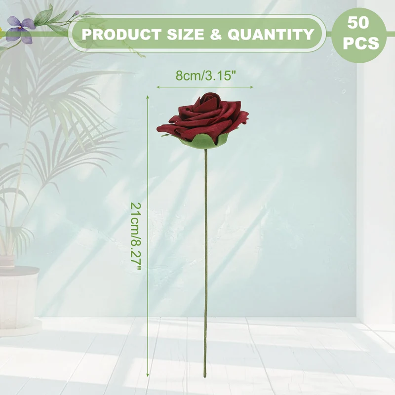 50Pcs 3.15 Inch Fake Roses with Stems Artificial Flowers Wedding Decor, Dark Red
