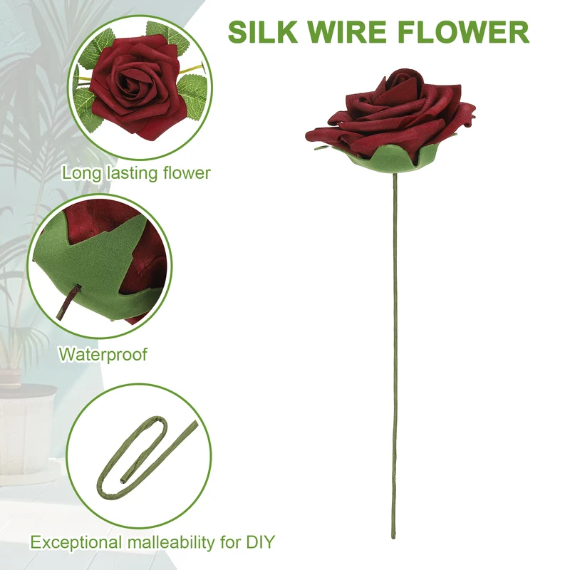 50Pcs 3.15 Inch Fake Roses with Stems Artificial Flowers Wedding Decor, Dark Red