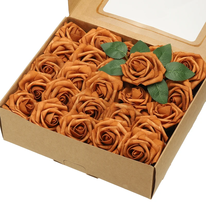 50Pcs 3.15 Inch Fake Roses with Stems Artificial Flowers Wedding Decor, Brown
