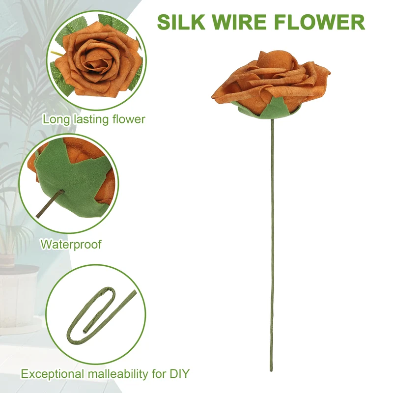 50Pcs 3.15 Inch Fake Roses with Stems Artificial Flowers Wedding Decor, Brown