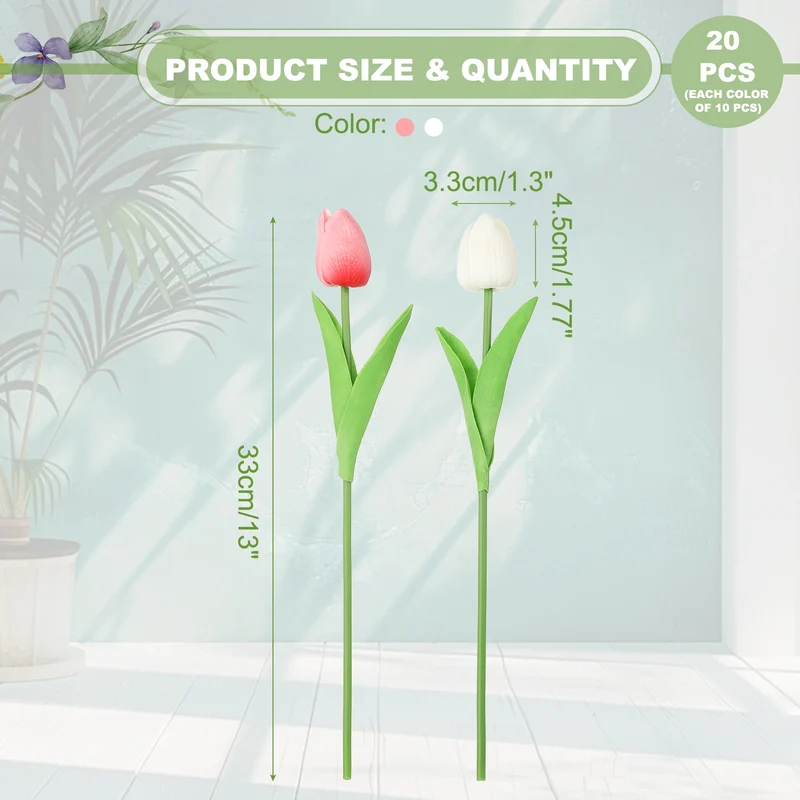 20pcs Tulips Artificial Flowers, Fake Tulip Stems(Pure White/Rose Pink)