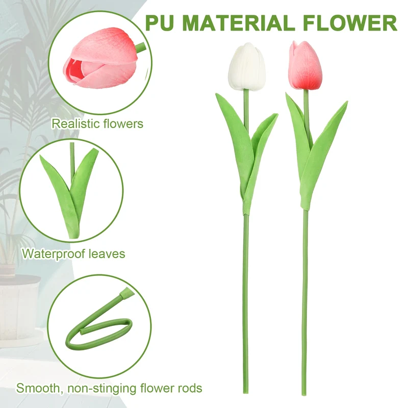 20pcs Tulips Artificial Flowers, Fake Tulip Stems(Pure White/Rose Pink)