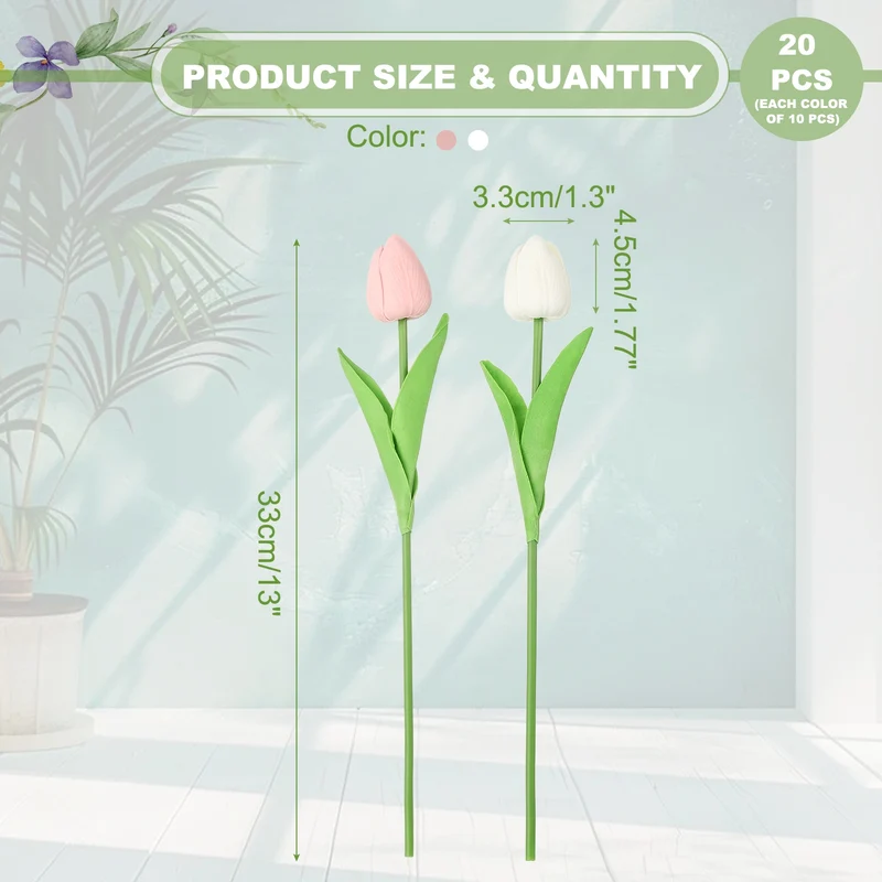 20pcs Tulips Artificial Flowers, Fake Tulip Stems(Candy Pink/Pure White)